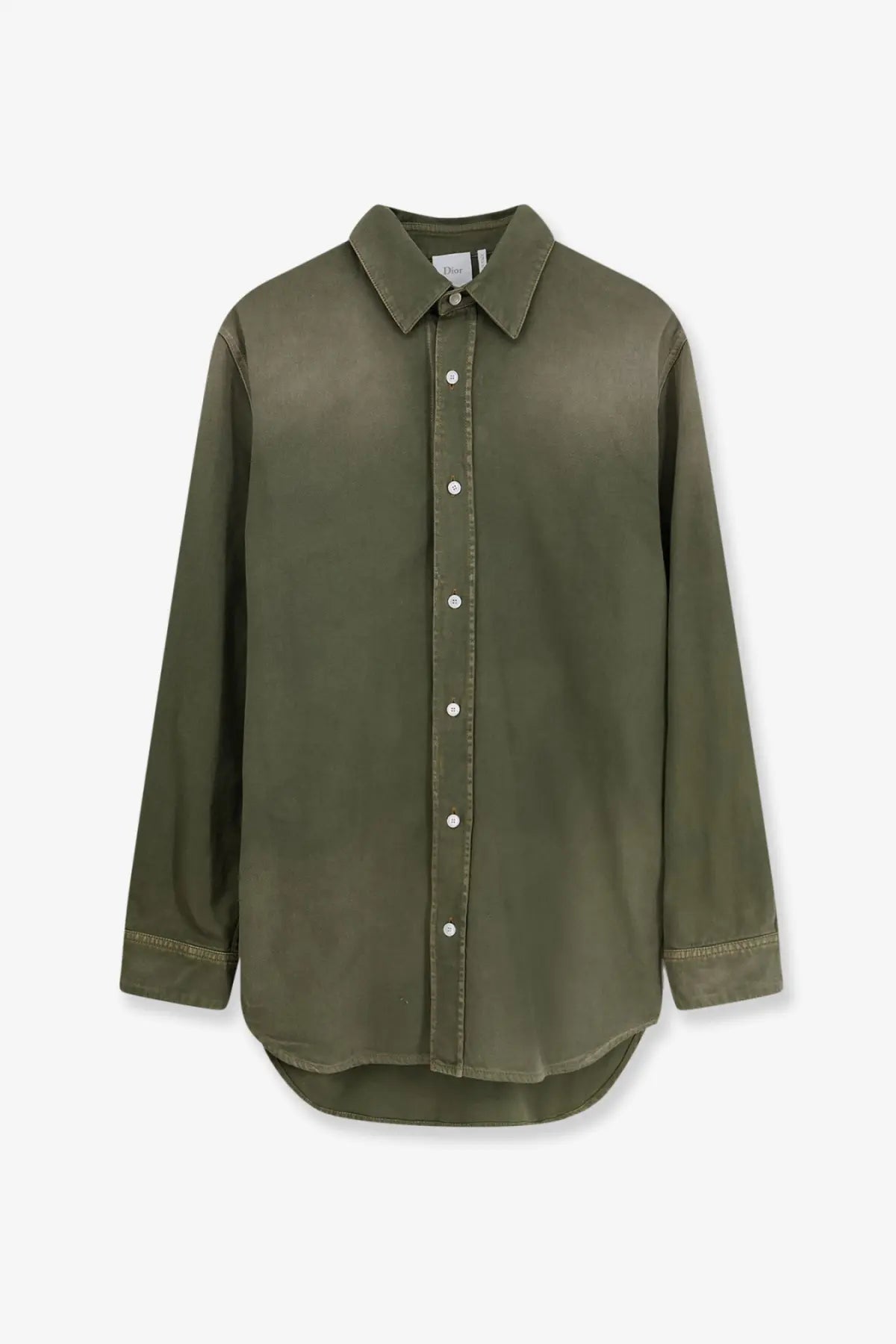 Dior women’s olive green cotton button-down shirt with classic collar and white buttons