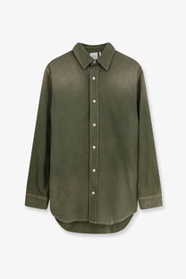 Dior women’s olive green cotton button-down shirt with classic collar and white buttons