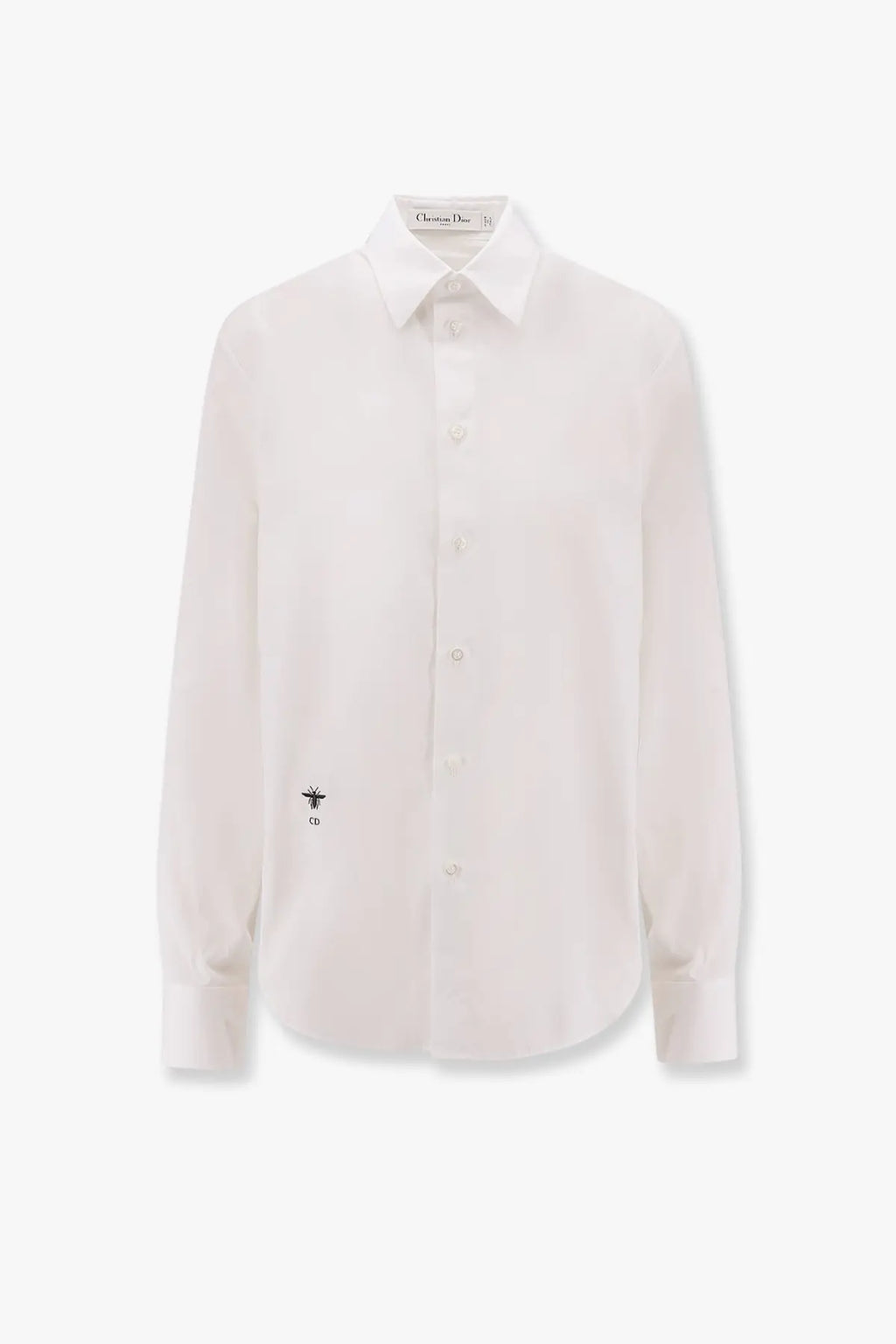Dior women’s white cotton shirt with crisp button-down design and subtle embroidered bee logo on left chest