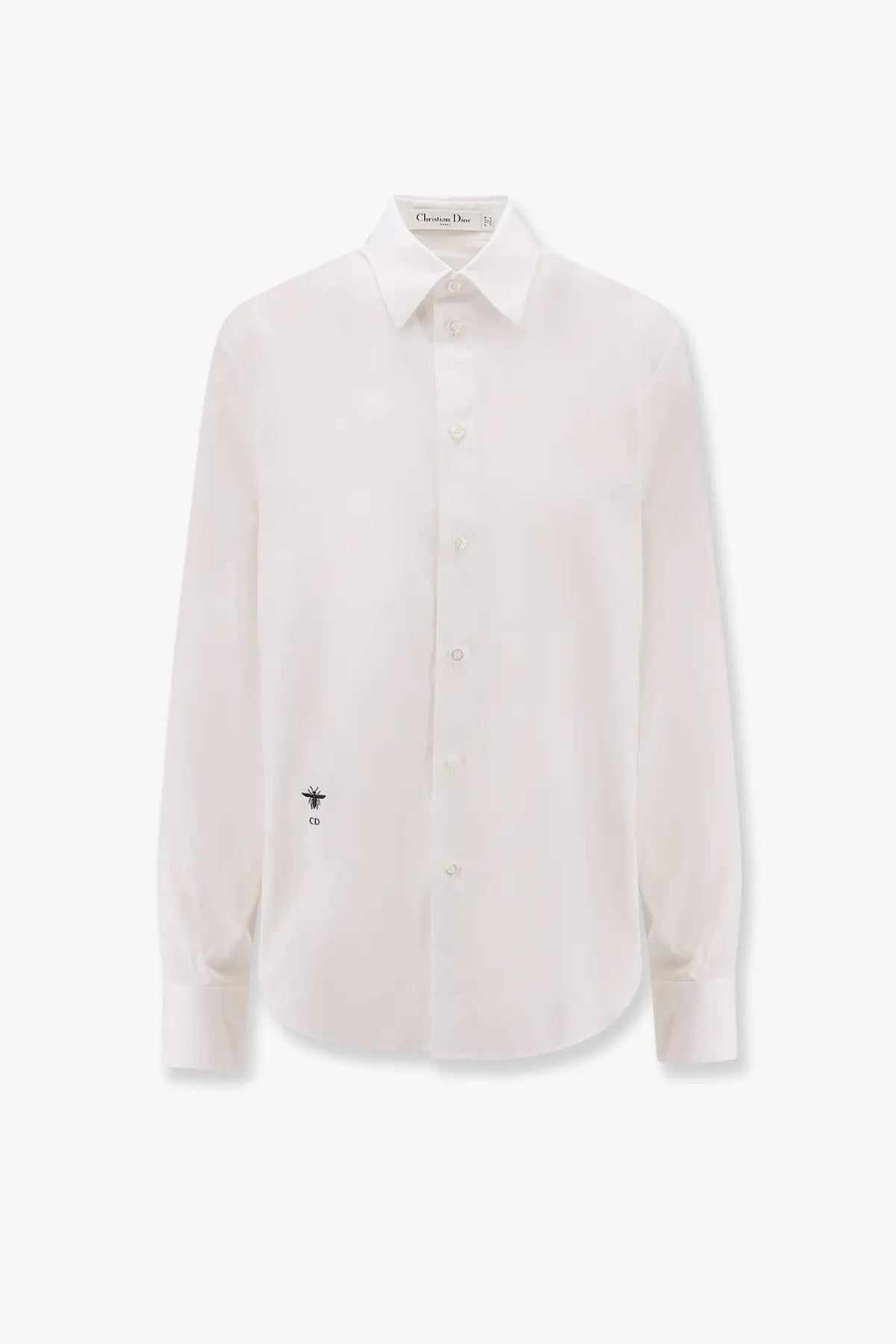 Dior women’s white cotton shirt with crisp button-down design and subtle embroidered bee logo on left chest
