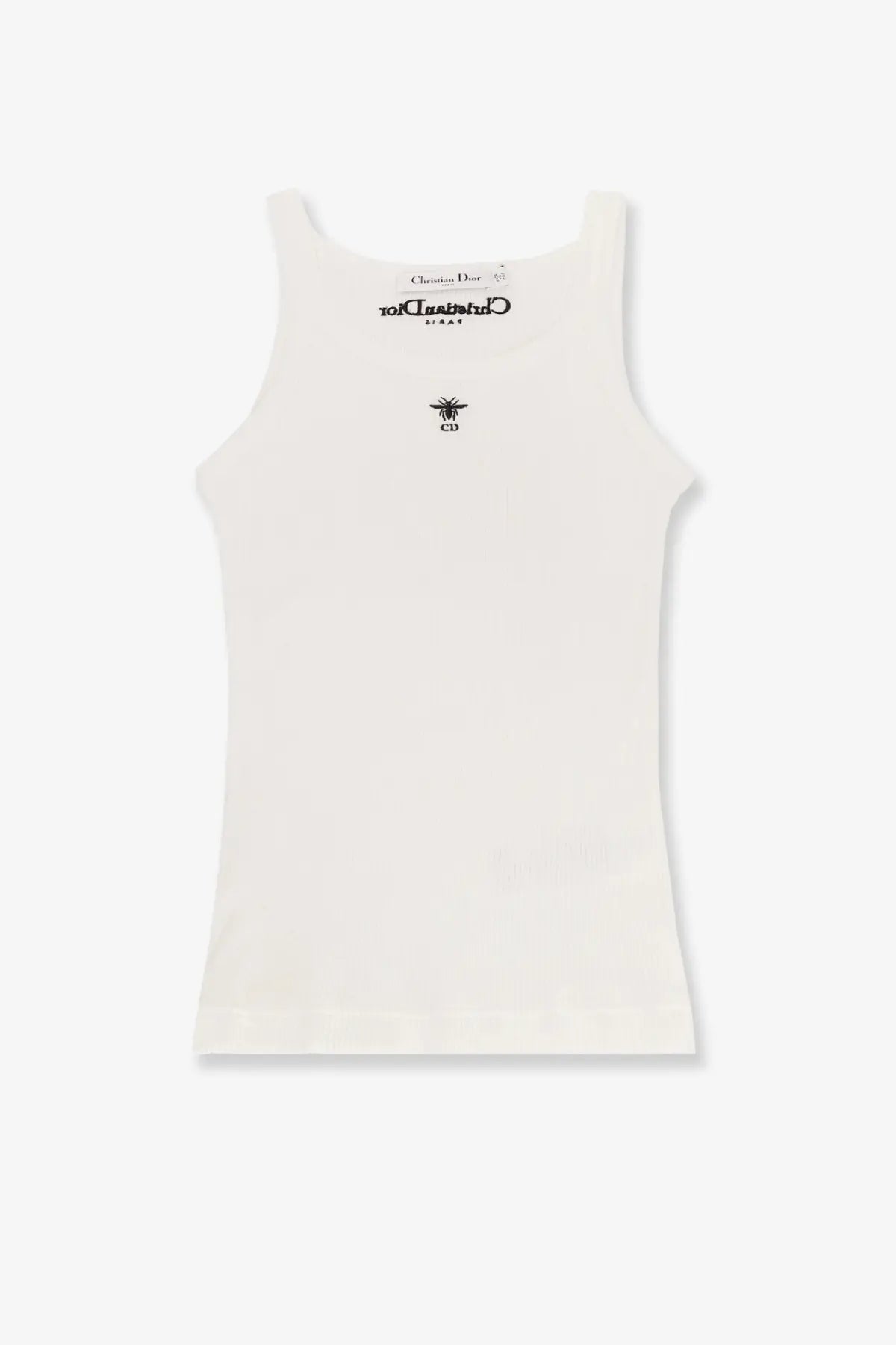 Cream-colored Dior women’s cotton tank top with black embroidered bee and cd logo at the center