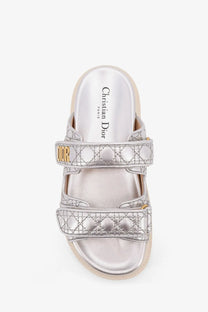 Silver christian dior slide sandals with grey quilted leather straps and gold-tone branding for women