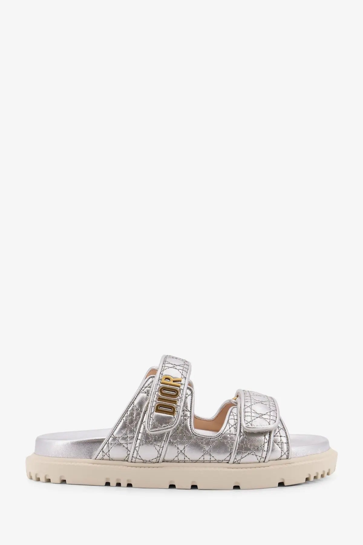 Dior women’s dioract silver metallic leather sandals with quilted design and gold-tone branding on the straps