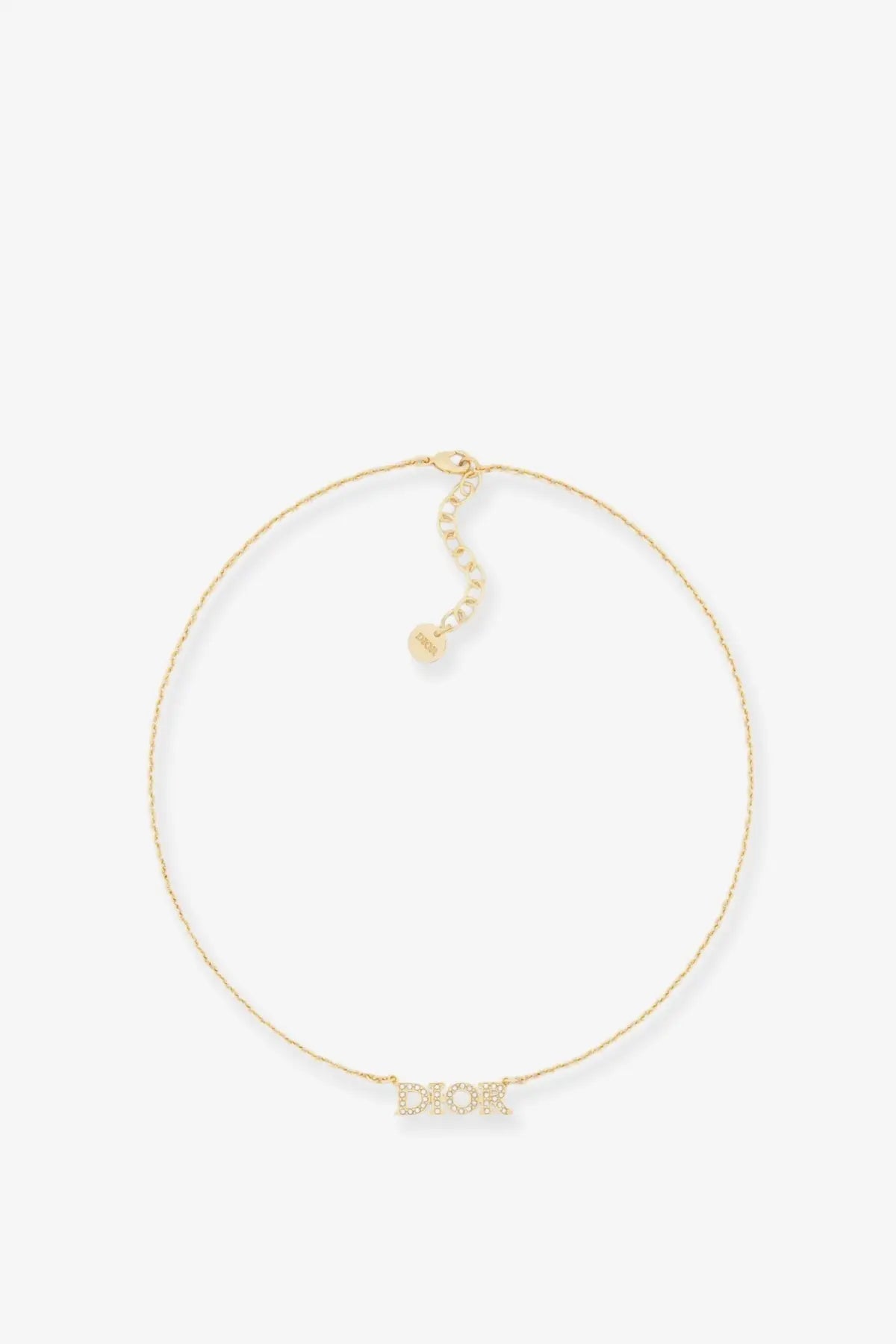 Gold-tone dior women’s diorevolution metal necklace with dior spelled in sparkling pave-set letters on a delicate chain