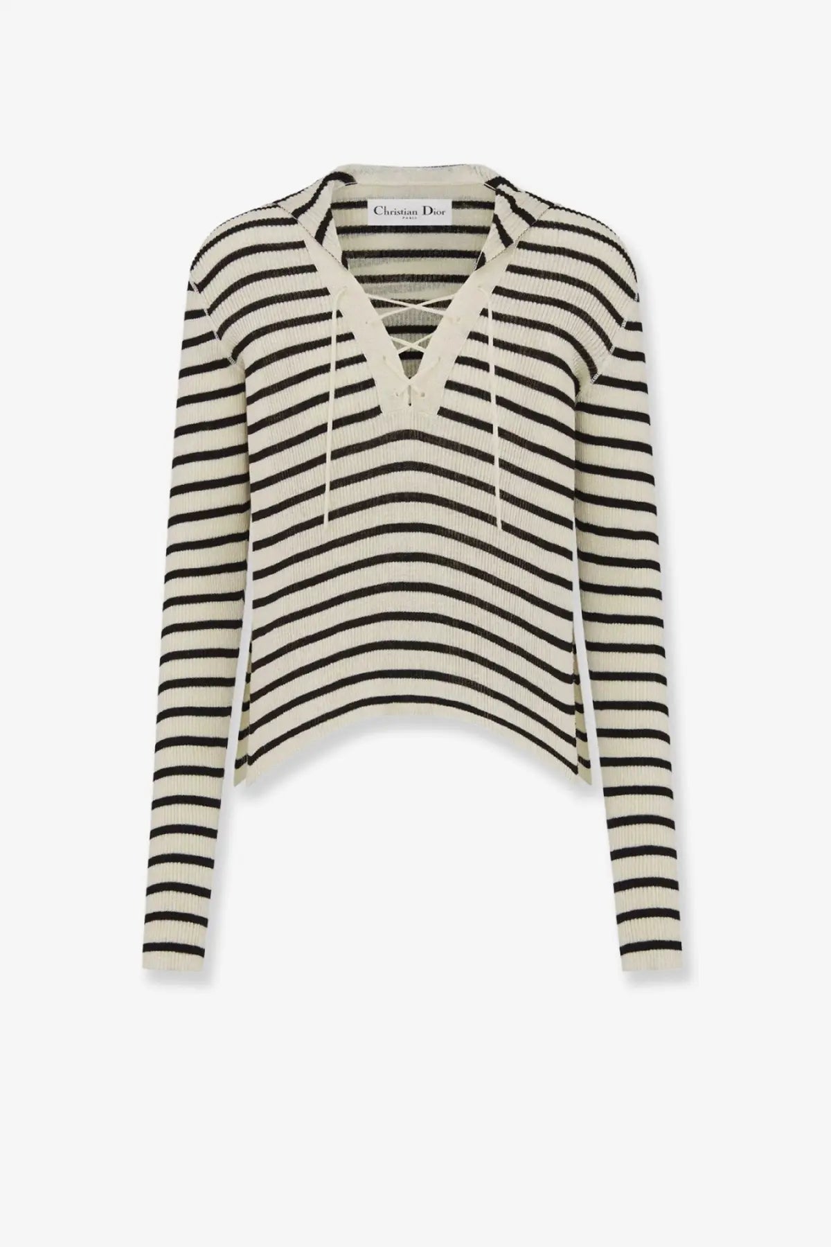Dior women’s dioriviera black and off-white striped ribbed knit linen and silk sweater with hood and lace-up front