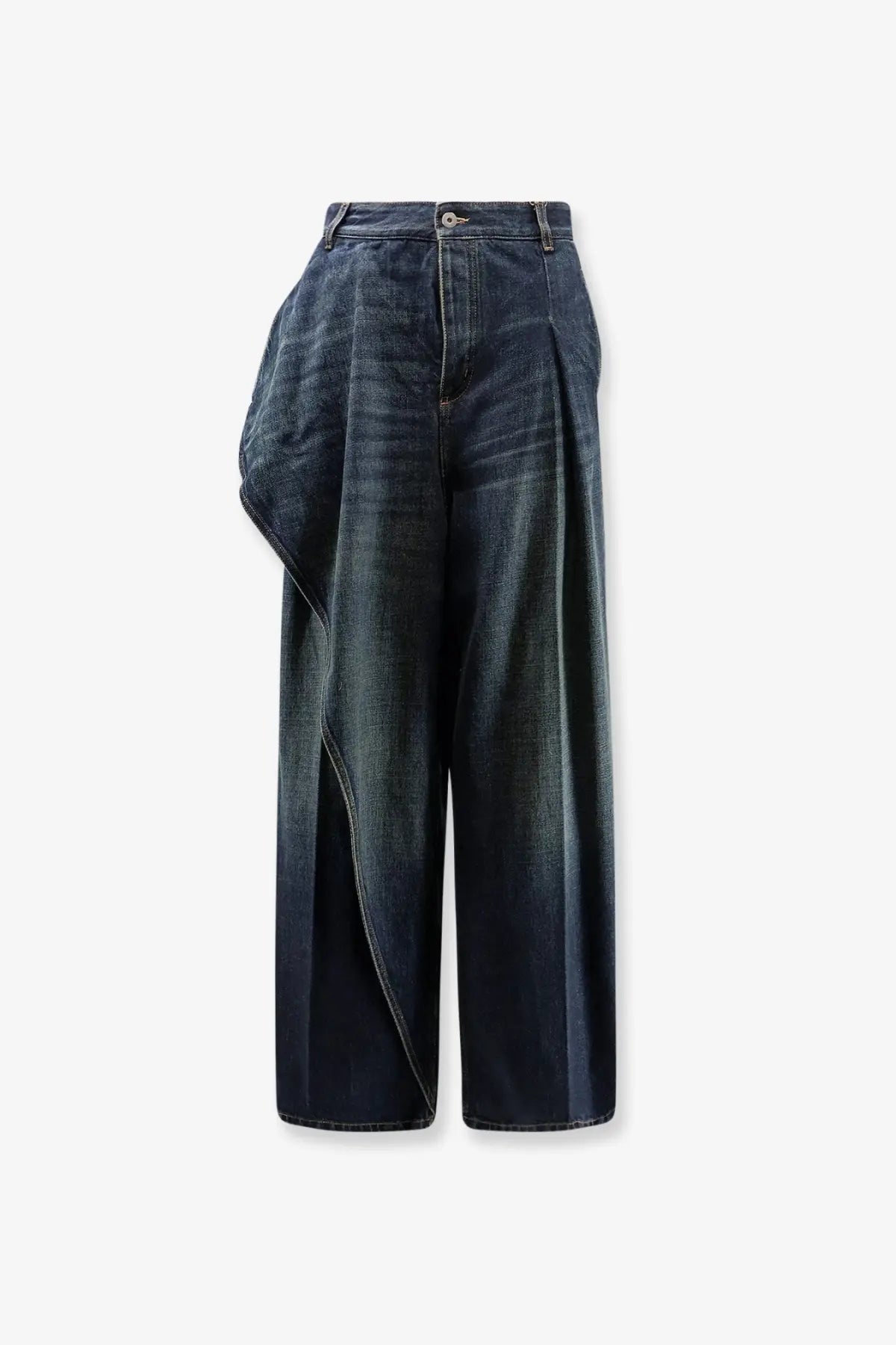 Dark blue denim high waist asymmetrical pleated jeans for women by Dior with a draped flared design