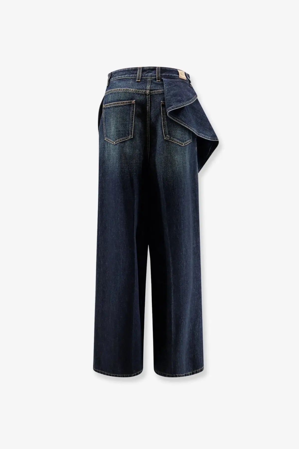Back view of dior women’s dark indigo denim wide-leg jeans with draped flared detail in blue