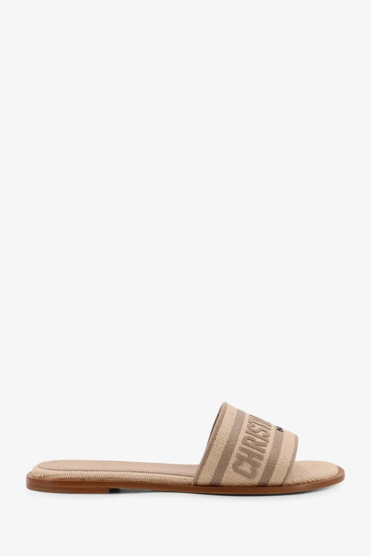 Dior women’s dway dioriviera flat sandals in brown beige canvas with woven christian logo strap