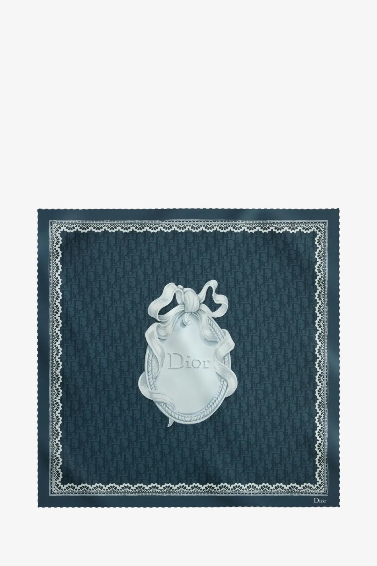 Dior women’s navy blue silk scarf with white embroidered emblem bow design and lace trim in Dior Édaillon style