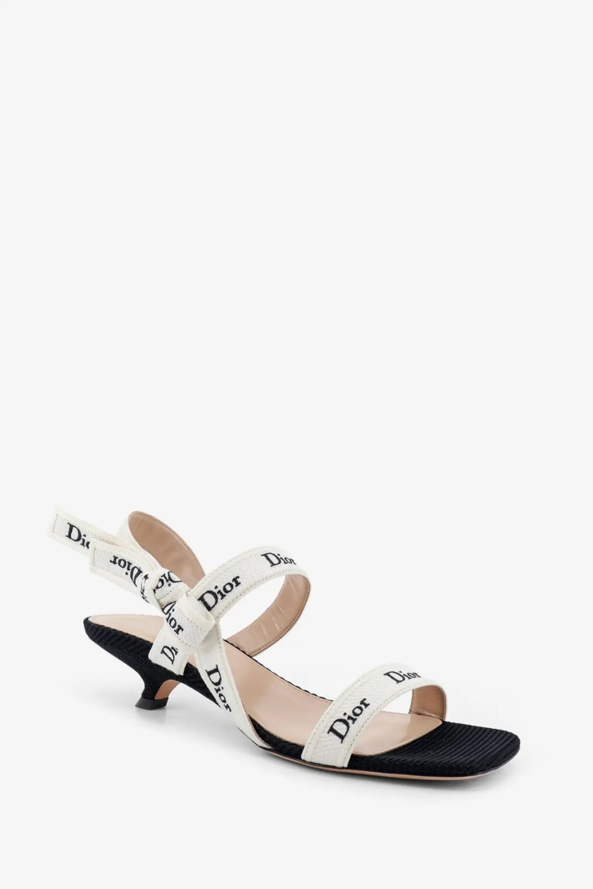 Dior women’s embroidered canvas jadior sandals in black with white logo-print strap and black textured heel and sole