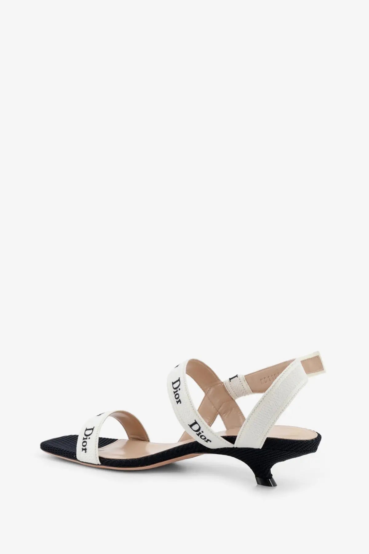 Dior women’s black and white embroidered canvas sandals with slender heel and woven strap details