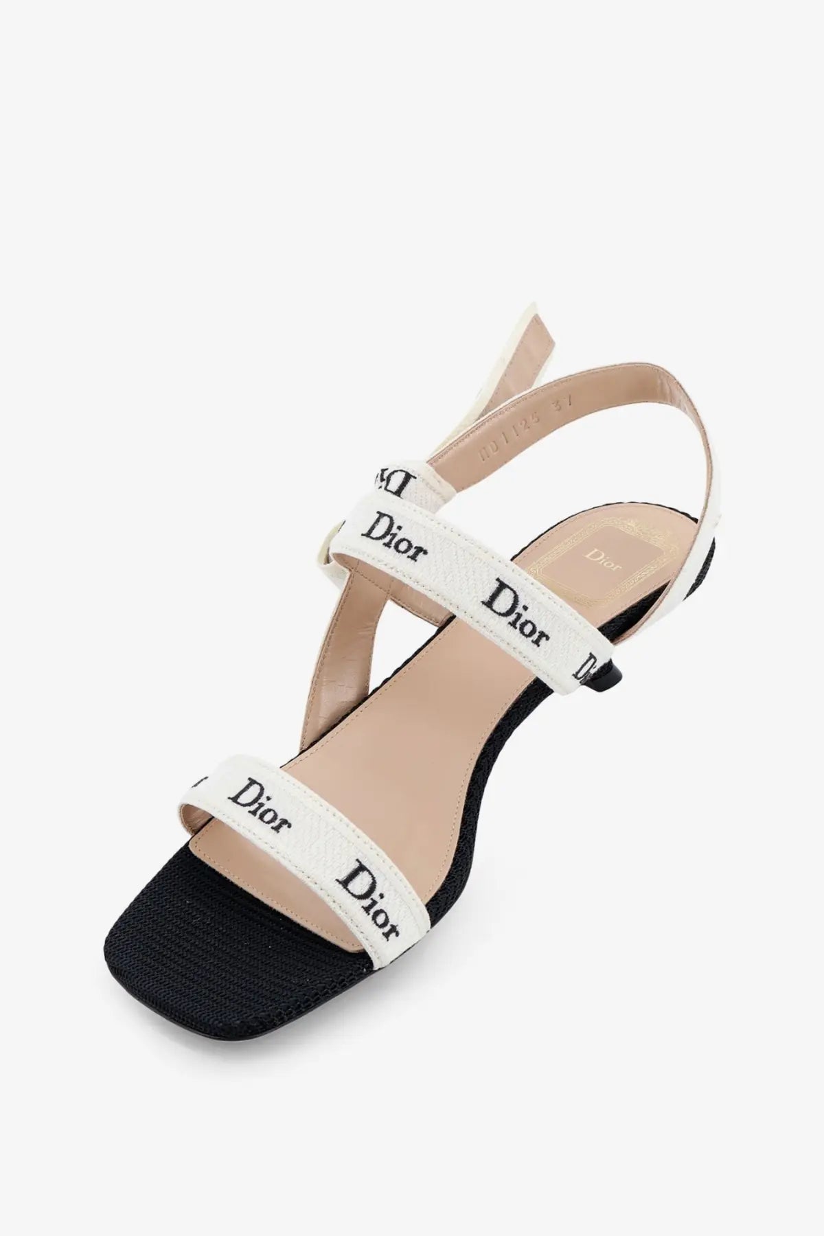 Black and white dior womens embroidered canvas jadior sandals with repeating dior logo straps