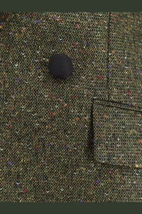 Dior women’s fitted tweed blazer in dark green silk and virgin wool blend with subtle speckled pattern and black button