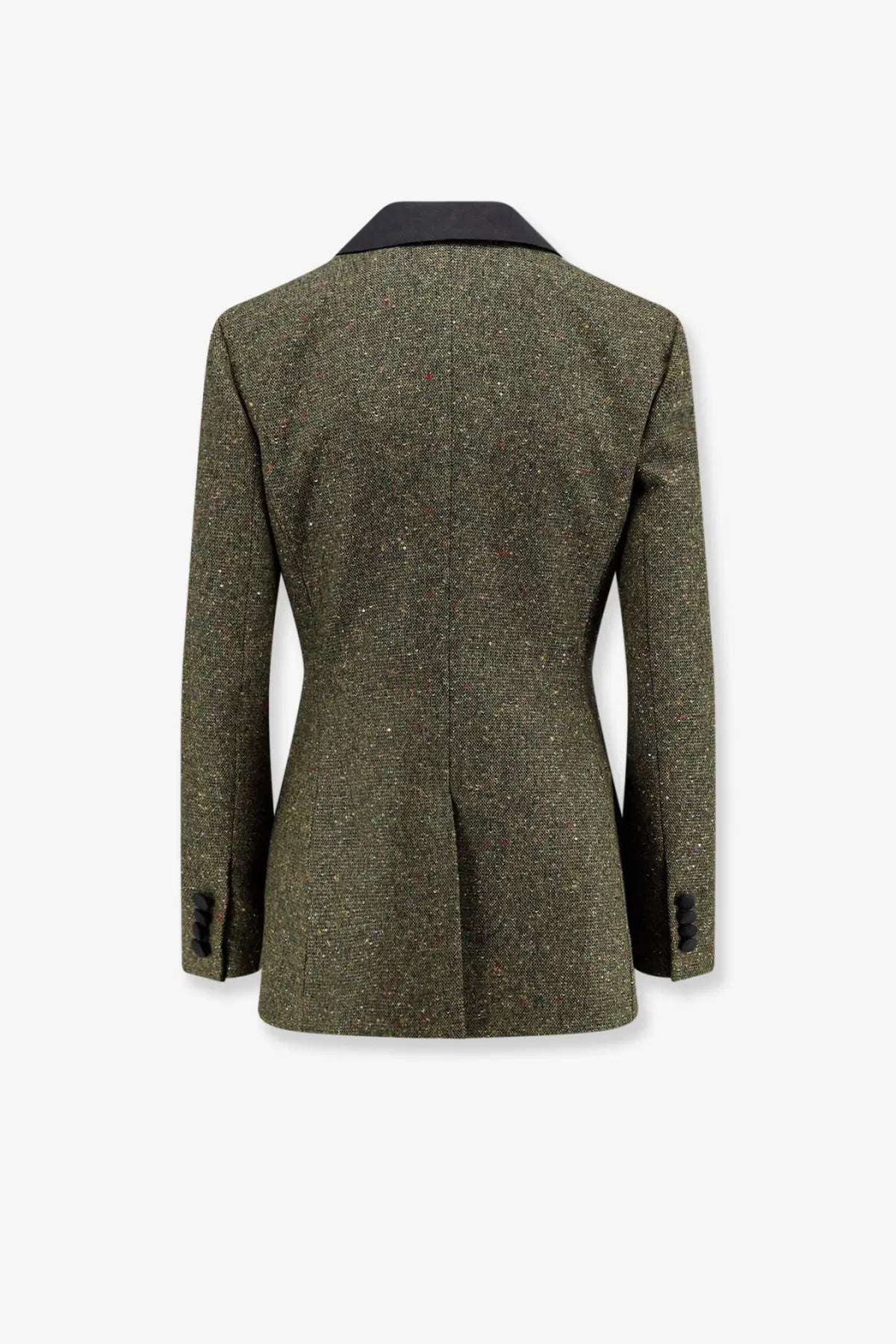 Olive green dior women’s fitted tweed blazer with black collar and cuffs made of silk and virgin wool blend