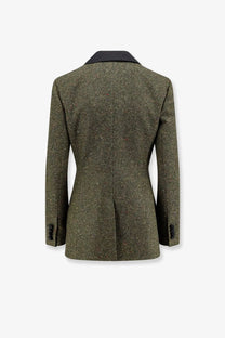 Olive green dior women’s fitted tweed blazer with black collar and cuffs made of silk and virgin wool blend