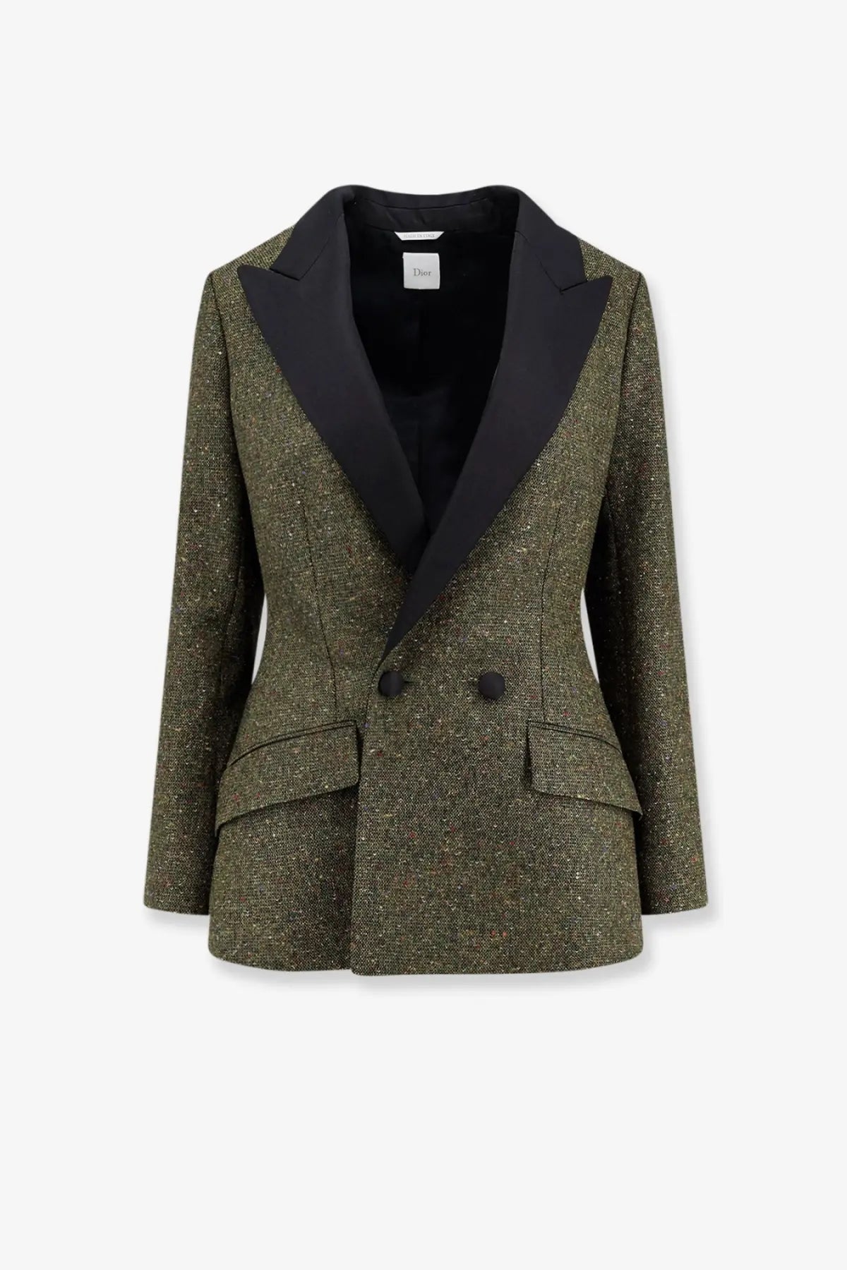 Dior women’s fitted olive green tweed blazer with black satin lapels and double-breasted closure in silk and wool blend
