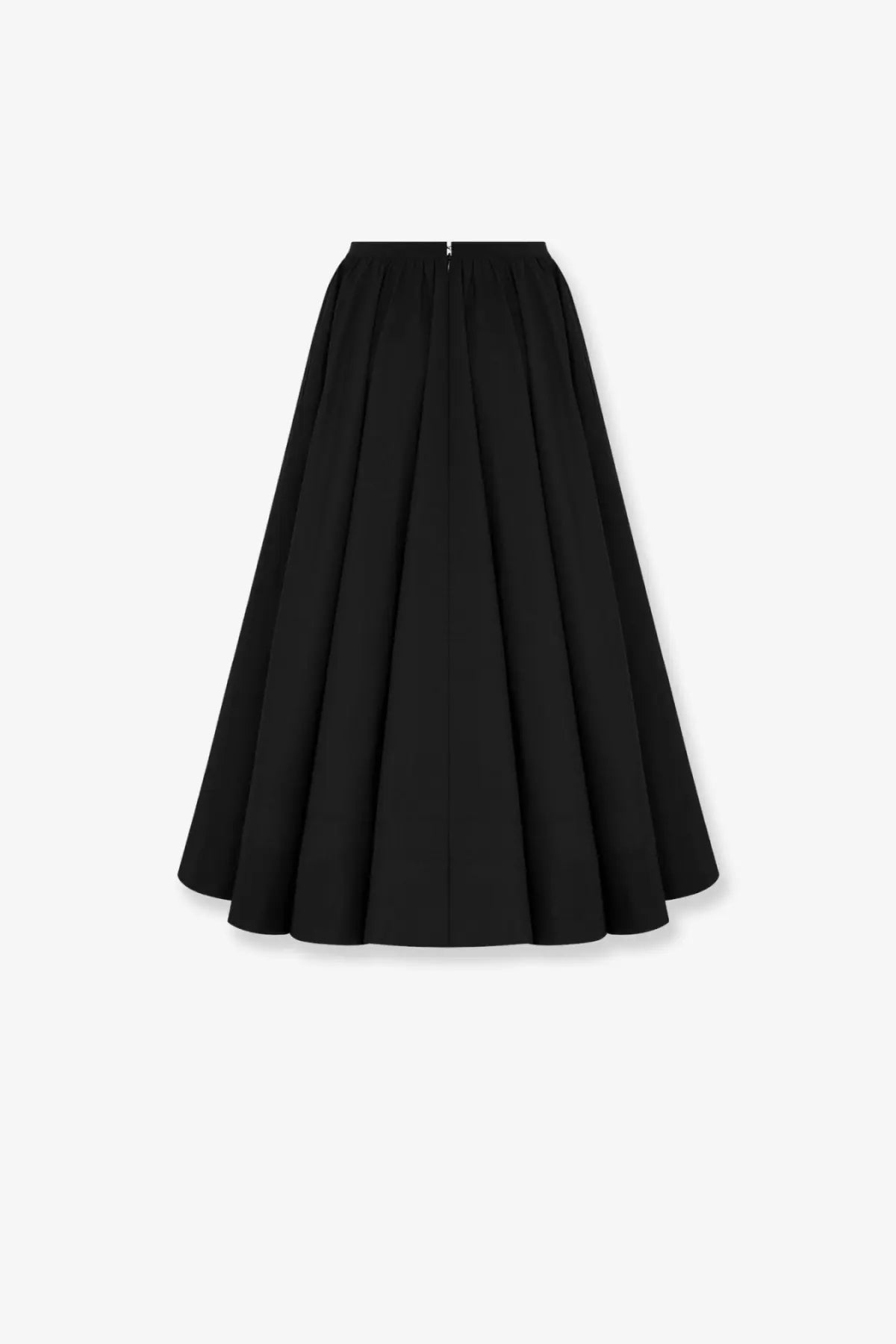 Back view of dior women’s black silk pleated midi skirt with smooth fabric and central zipper closure
