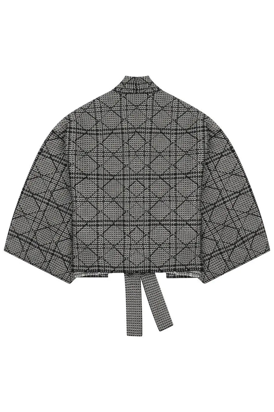 Dior women’s giacca cannage grey cropped jacket with black and gray geometric pattern and tie-back detail back view