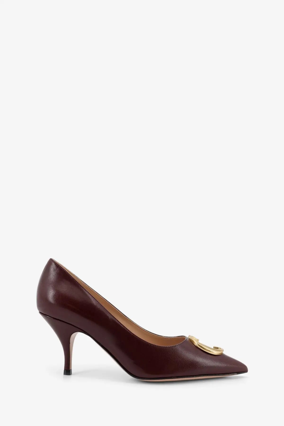 Burgundy leather pump with gold-tone circular buckle at toe, inspired by Dior women’s Dior initials leather pumps black