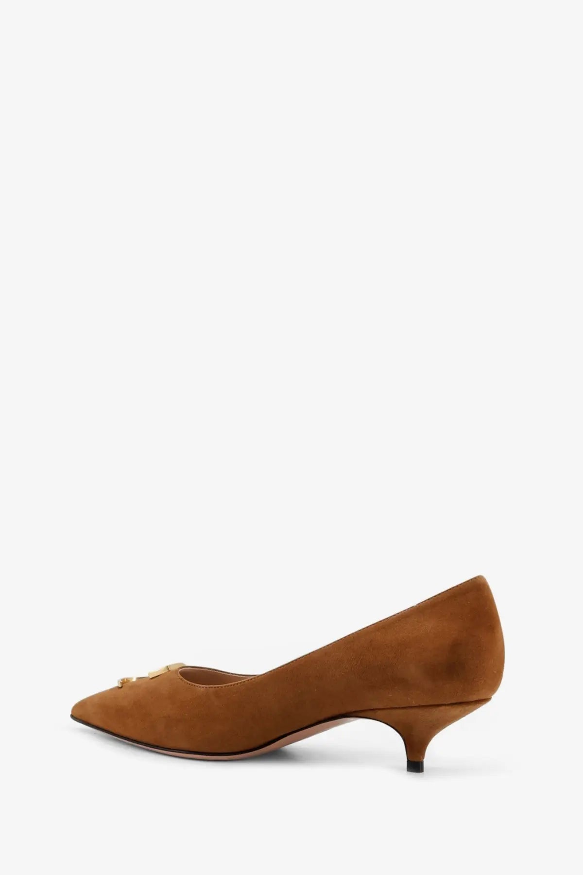 Brown suede dior womens pump with gold-tone buckle detail and low heel