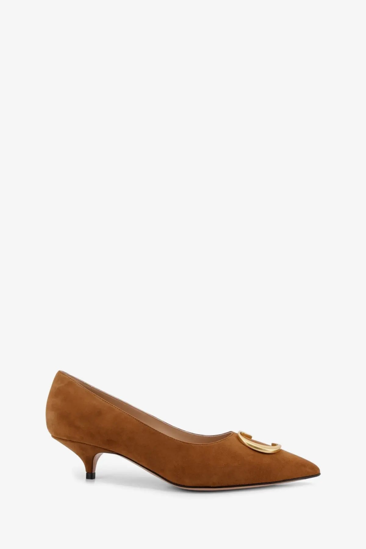 Dior women’s brown suede pumps with a tan finish and gold-tone circular buckle at the toe