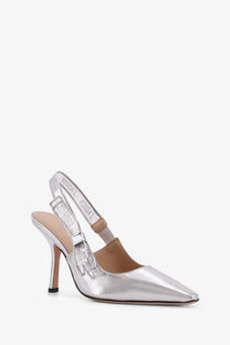Silver metallic leather Dior women’s Jadior slingback pump with pointed toe and thin high heel