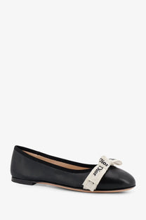Black Dior women’s Jadior leather ballerina flat with cream ribbon bow featuring the brand logo