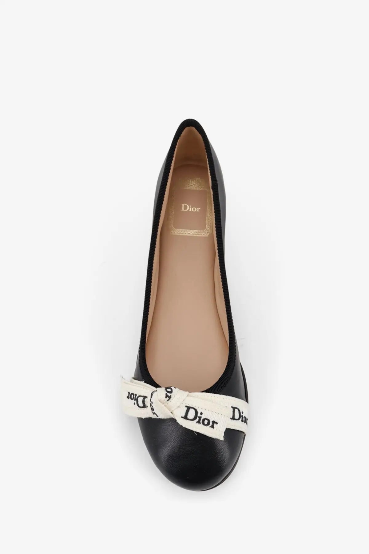 Dior women’s Jadior black leather ballet flat with white ribbon bow featuring the Dior logo on the front
