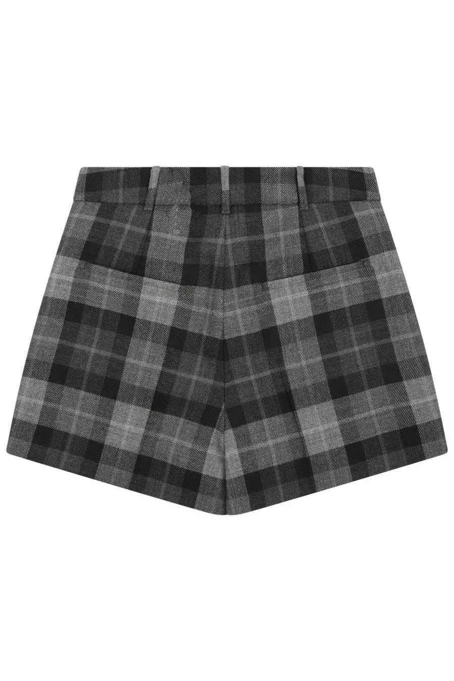 Dior women’s laine tartan shorts in black and gray plaid wool blend with tailored pleated back design visible