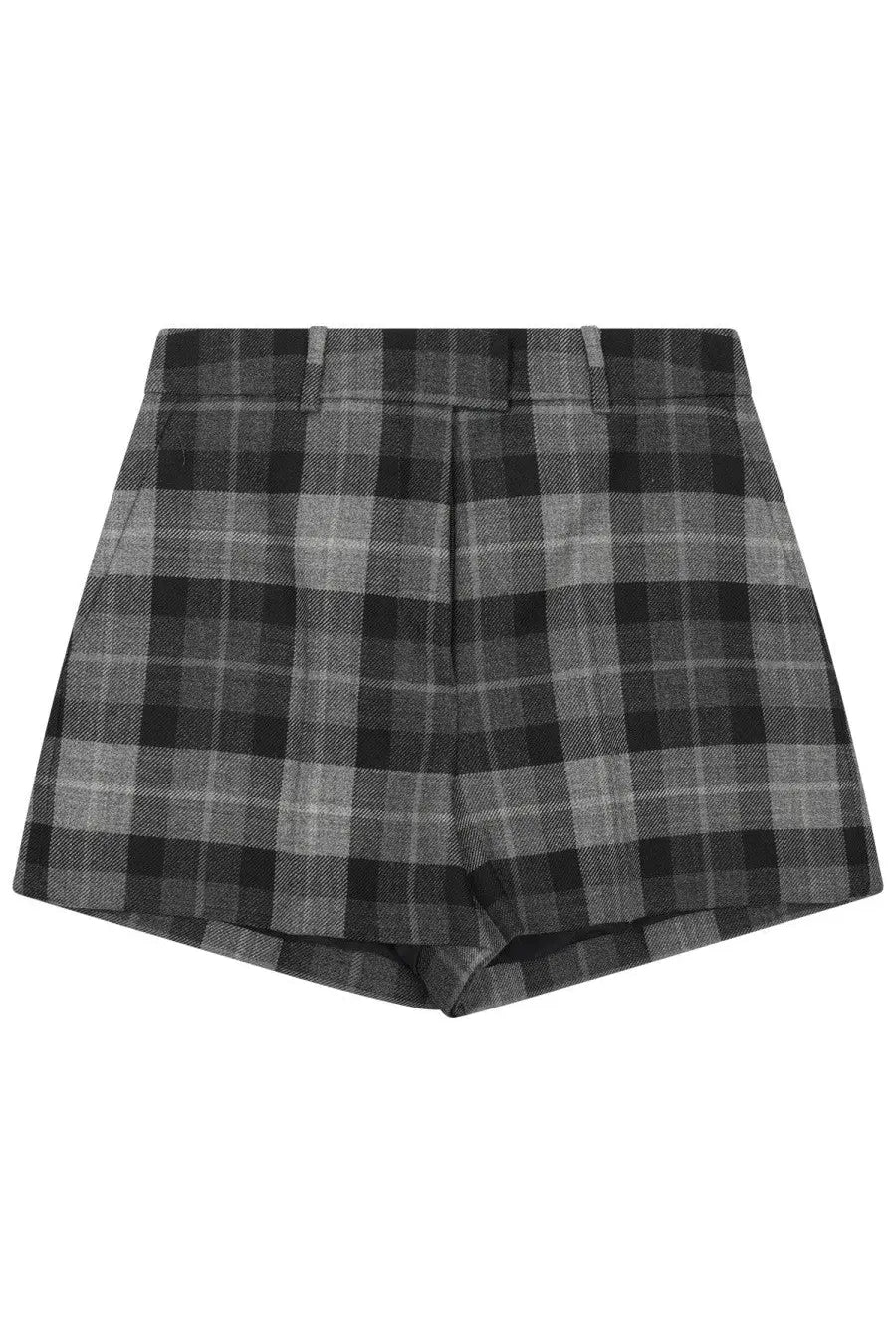 Dior women’s laine tartan high-waisted shorts in black and gray plaid textured wool-blend fabric