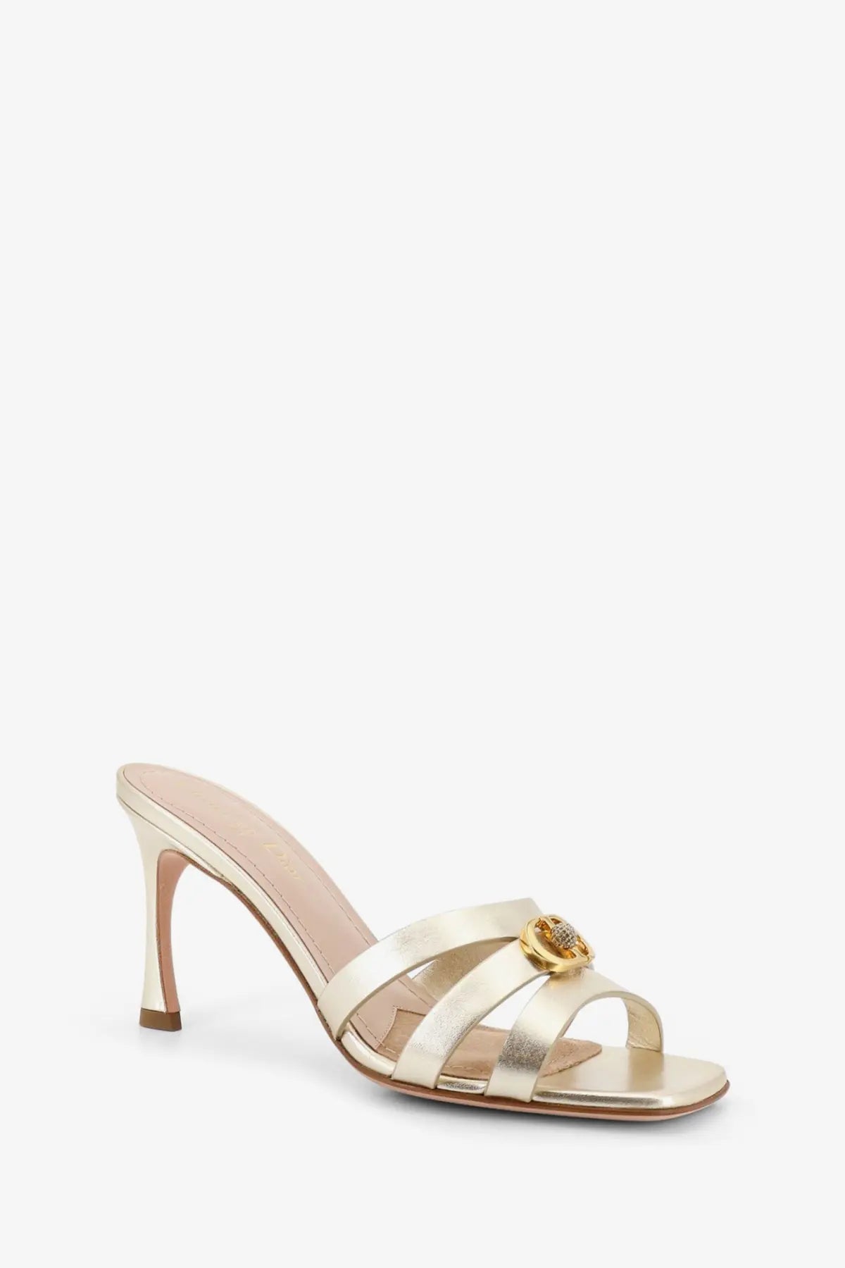 Dior women’s laminated 30M gold leather mule sandal with slender heel and ornate gold buckle accent