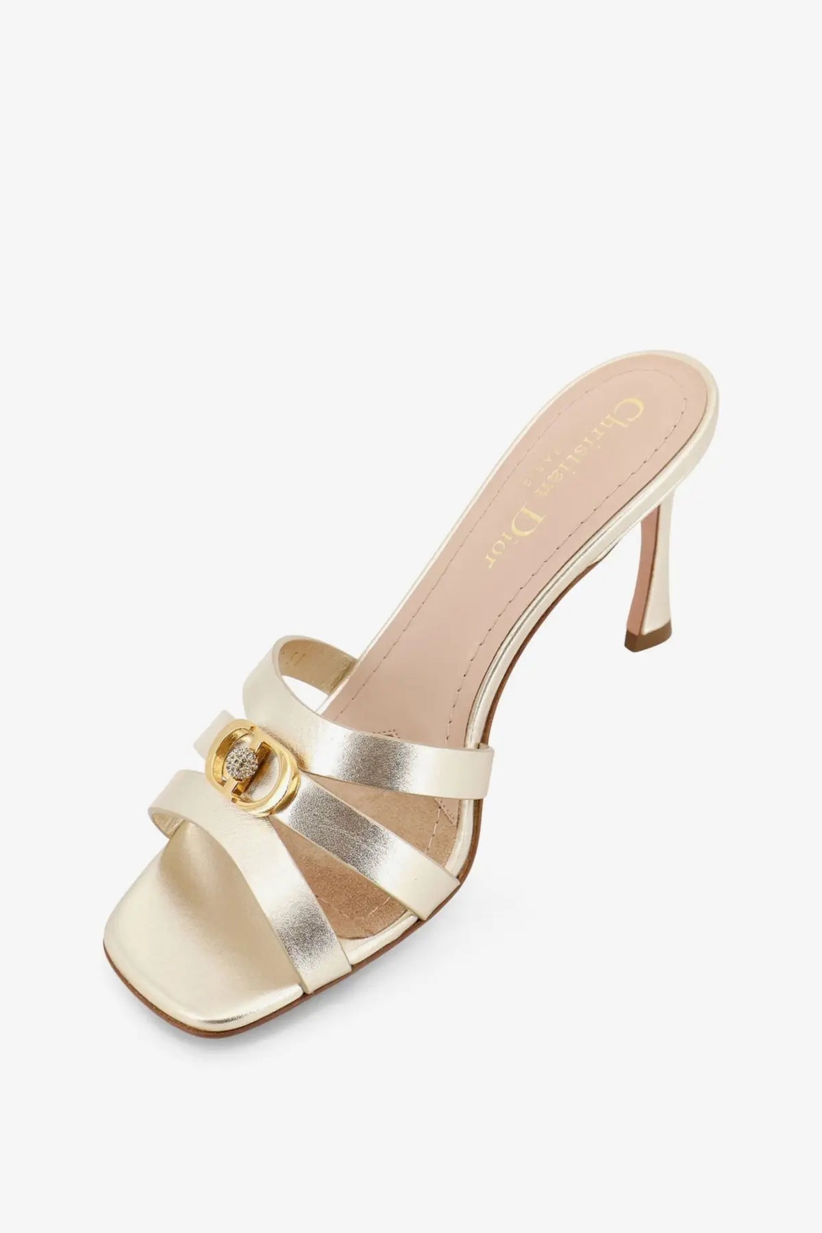 Dior women’s laminated 30m leather gold metallic strap mule sandal with crystal adorned circular buckle