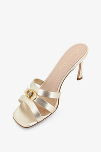 Dior women’s laminated 30m leather gold metallic strap mule sandal with crystal adorned circular buckle
