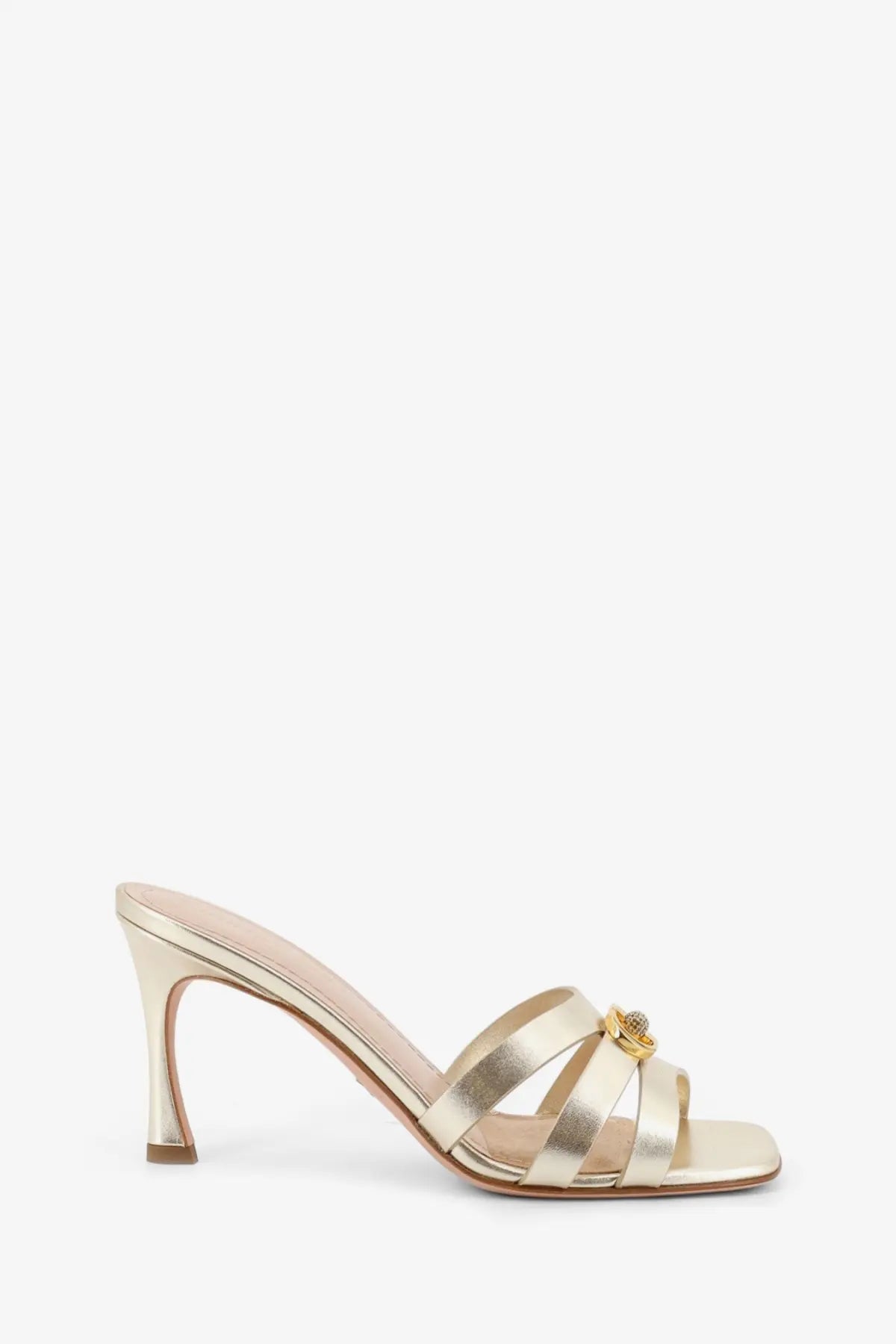 Dior women’s gold laminated leather strappy mule sandal with slender heel and ornate gold buckle detail