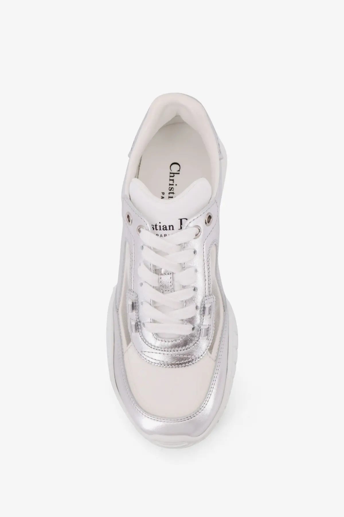 Silver Dior women’s laminated leather sneakers with chunky sole and glossy white leather accents