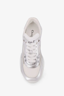 Silver Dior women’s laminated leather sneakers with chunky sole and glossy white leather accents