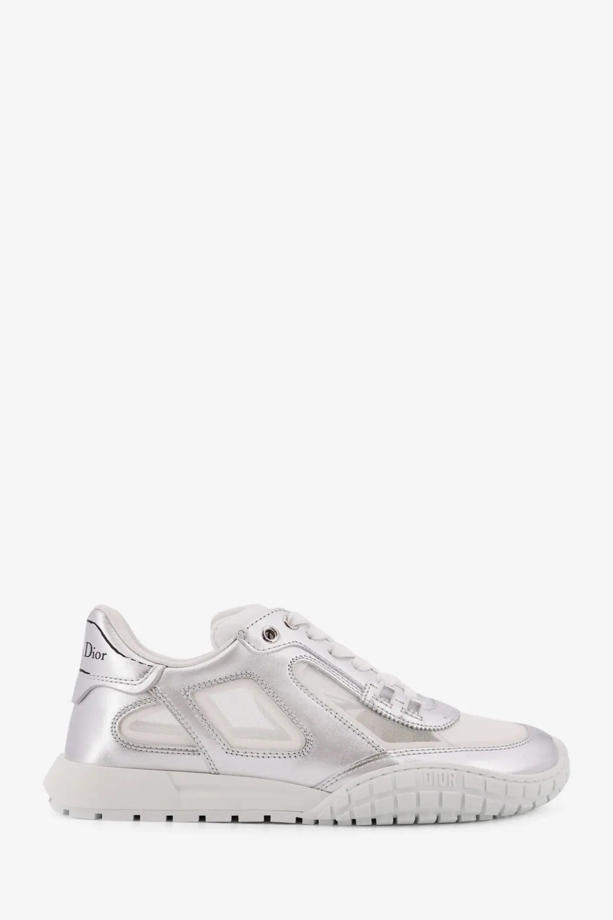 Dior women laminated leather tech sneakers silver with silver metallic finish transparent panels and white rubber sole