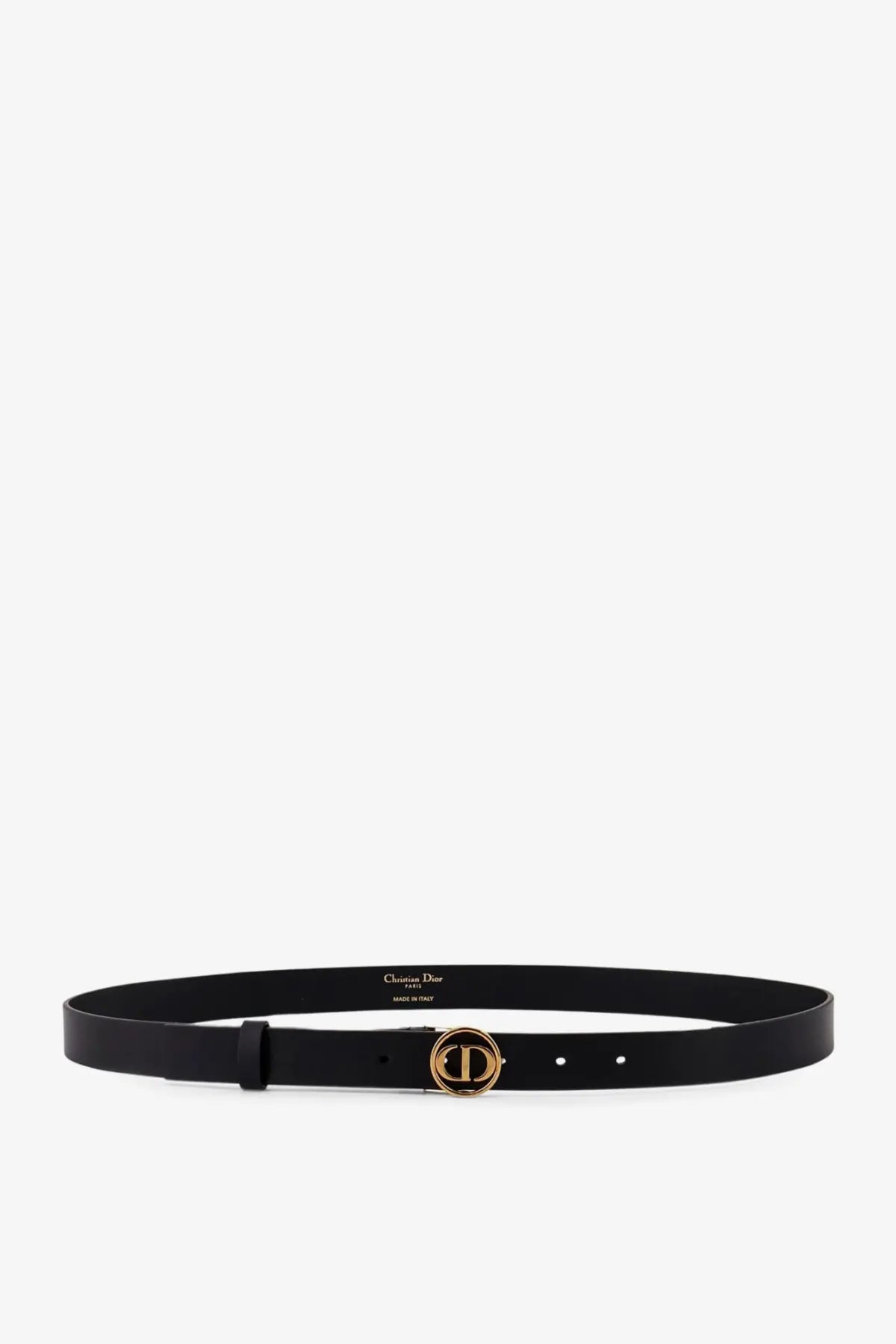 Dior women’s black leather belt with gold-tone circular buckle featuring interlocking cd logo