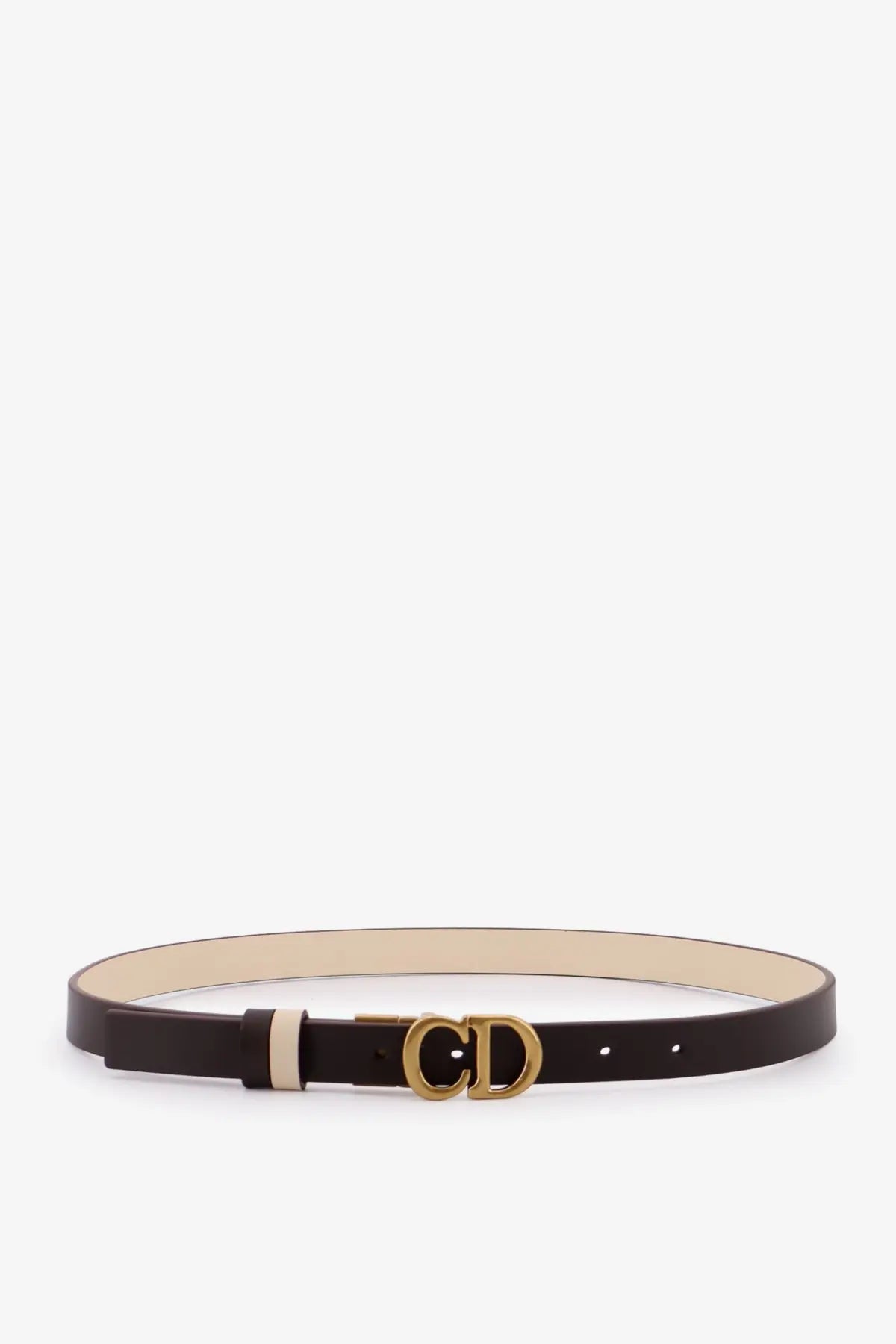 Dior women’s leather saddle belt in dark brown with gold-tone cd logo buckle and cream inner lining