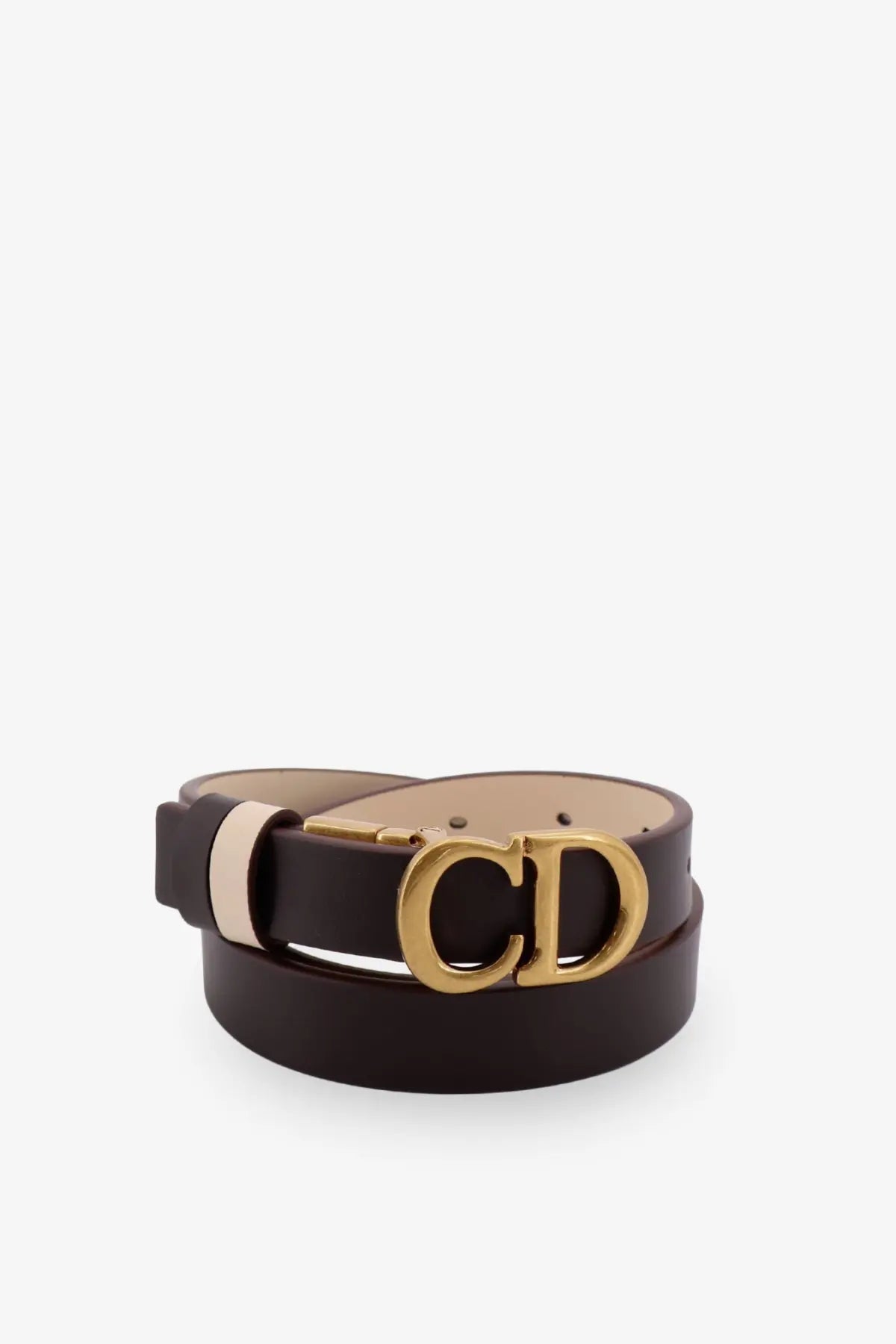 Dior women’s leather saddle belt brown with dark brown leather and gold-tone cd logo buckle visible from front