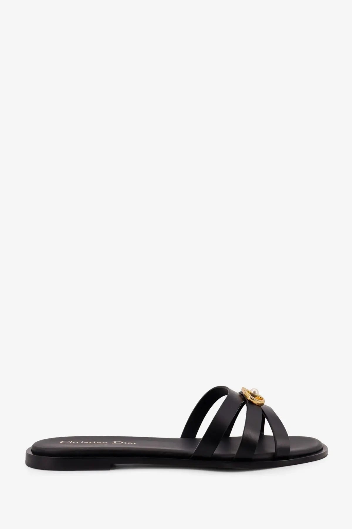 Black leather Christian Dior slide sandal with gold-tone hardware and pearl accent for women