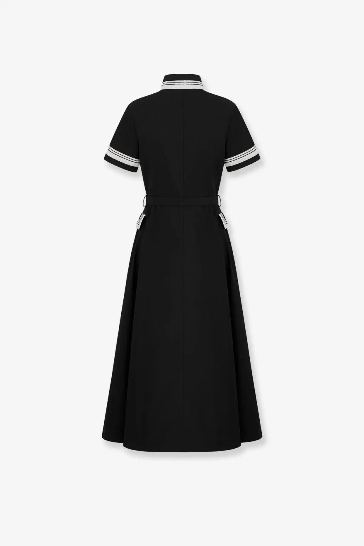 Dior women’s long black cotton midi shirt dress with white striped collar and cuffs and cinched waist belt loops