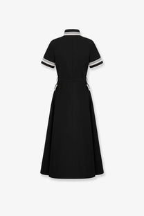 Dior women’s long black cotton midi shirt dress with white striped collar and cuffs and cinched waist belt loops