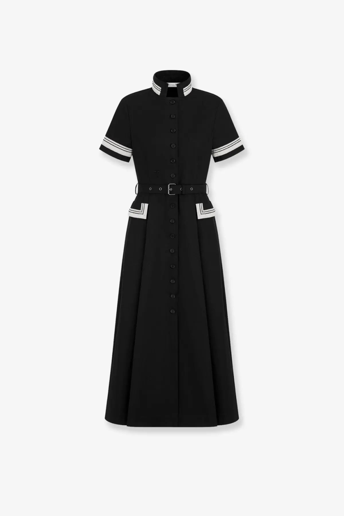 Dior women’s long black cotton midi dress with white trim, central button closure, and matching belt