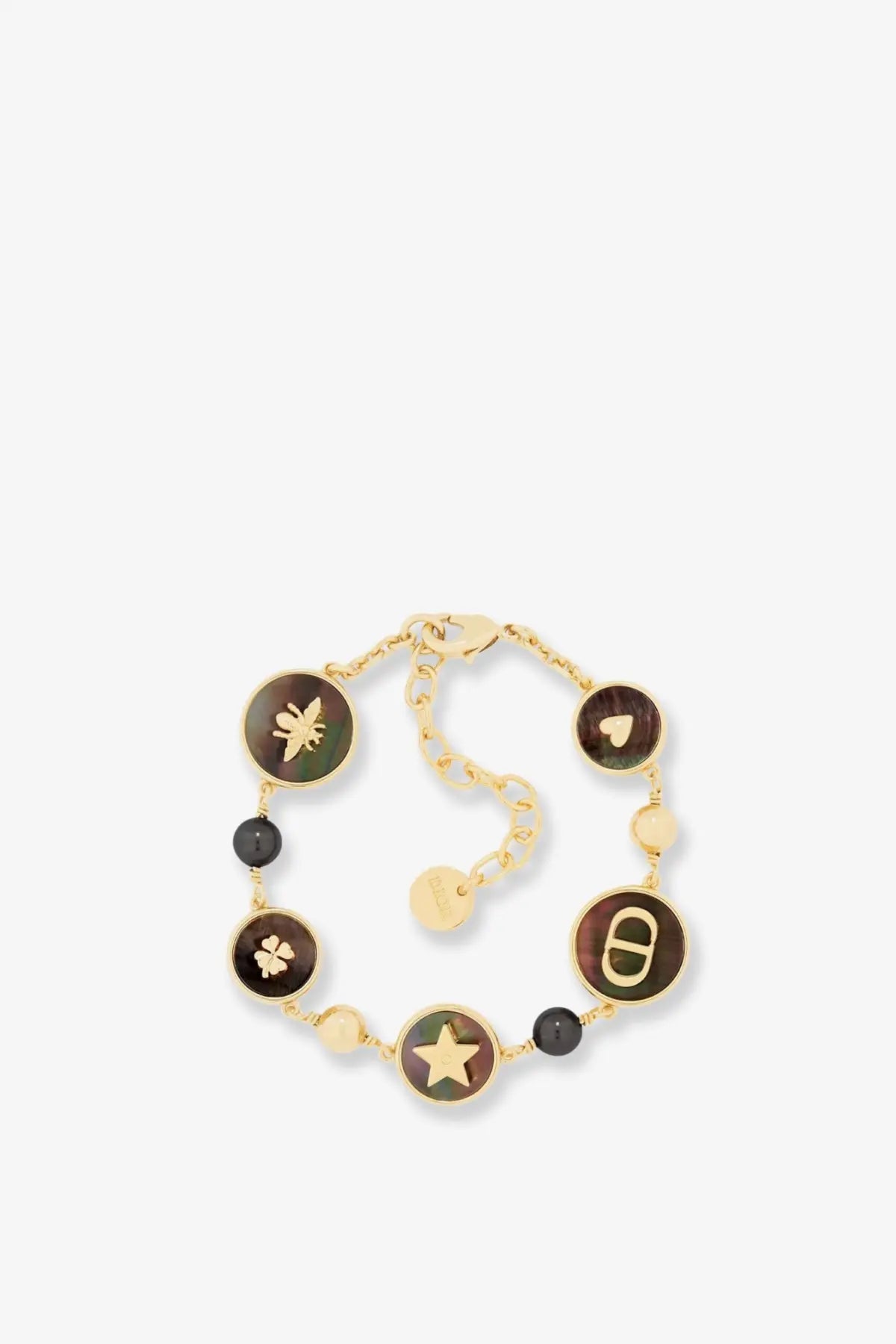 Dior women’s luck metal bracelet black gold-toned with circular charms featuring bee clover star heart and buckle engravings
