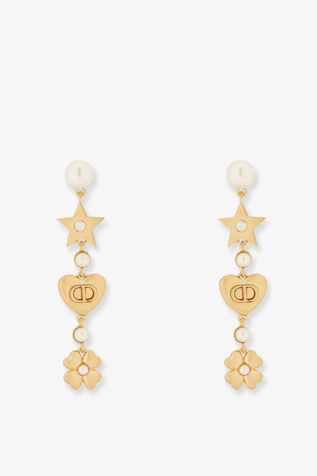 Gold-tone dior women’s lucky dior metal earrings with dangling star heart flower charms and white pearl accents