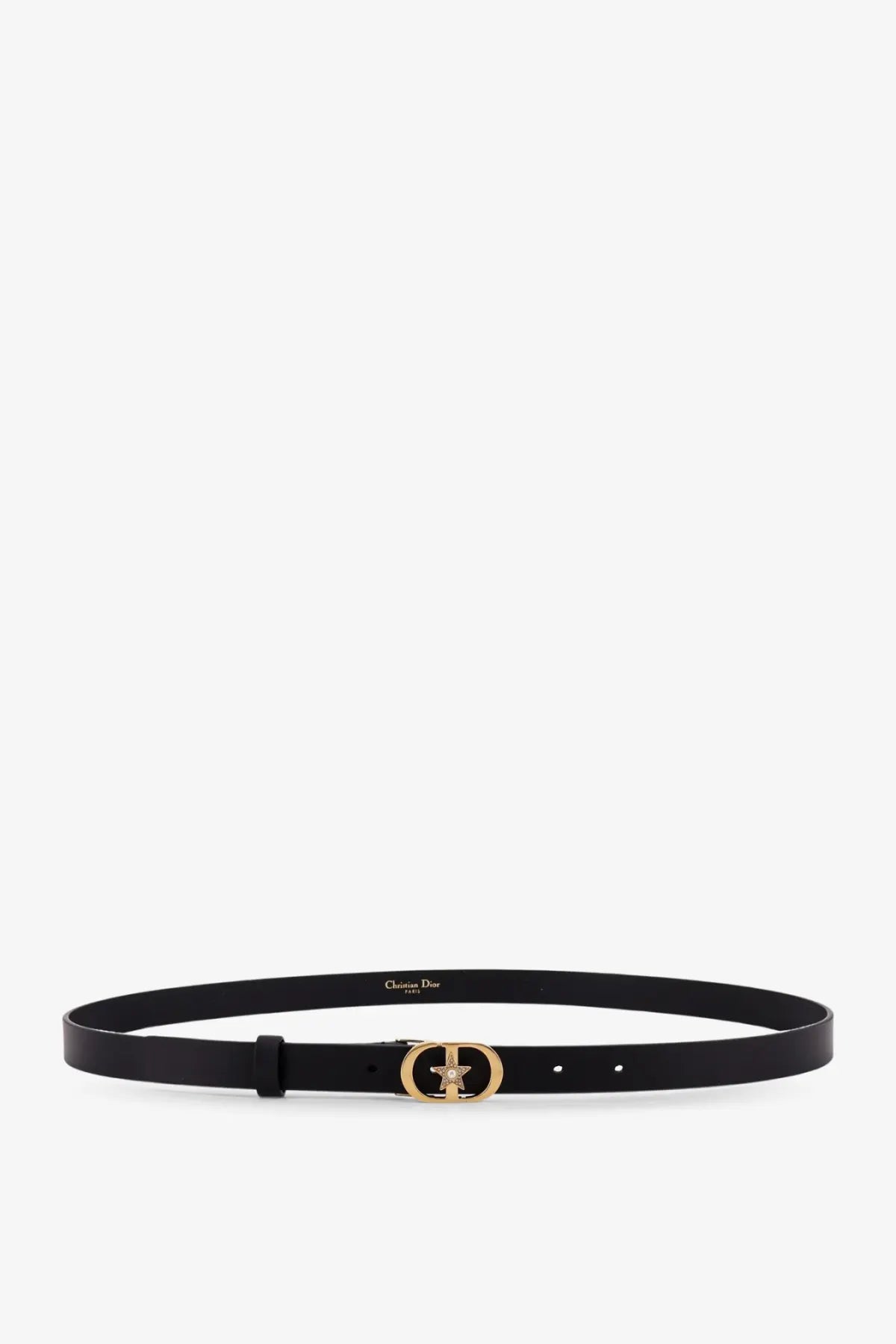 Dior women’s lucky Montaigne star black leather belt with gold-tone d-logo buckle featuring embedded crystals