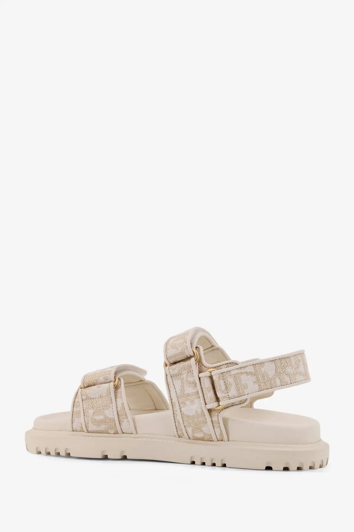 Dior women’s lurex dioract flat sandals beige platform with subtle monogram pattern and gold-tone buckle details