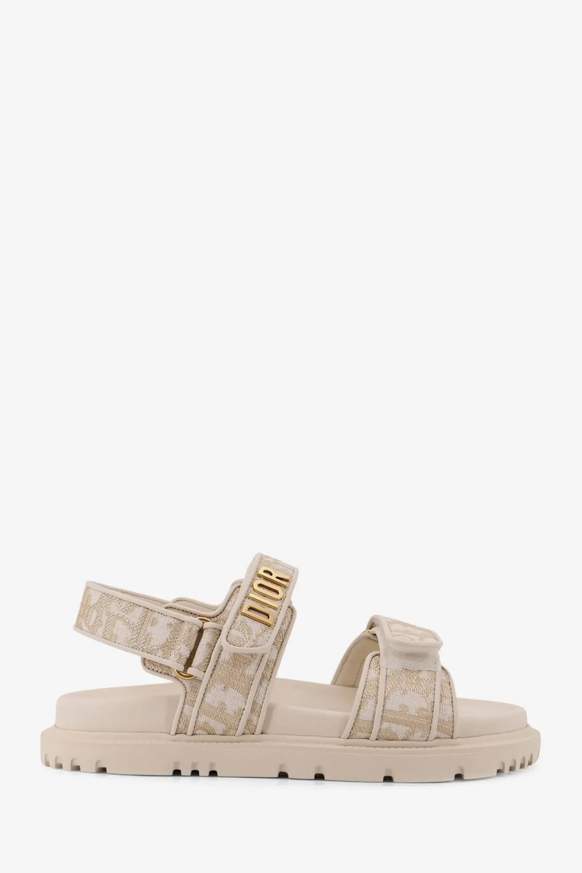 Beige Dior women’s lurex Dioract flat sandal with patterned fabric strap and gold-tone logo detailing