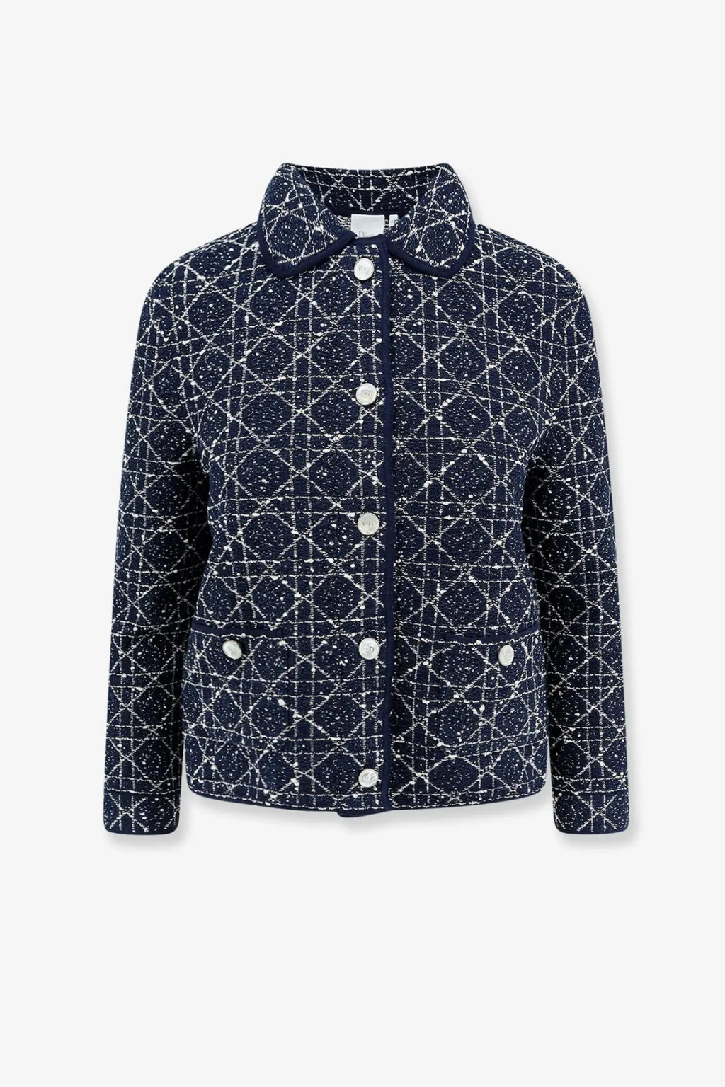 Navy blue Dior women’s macrocannage blazer with white geometric tweed pattern and silver buttons